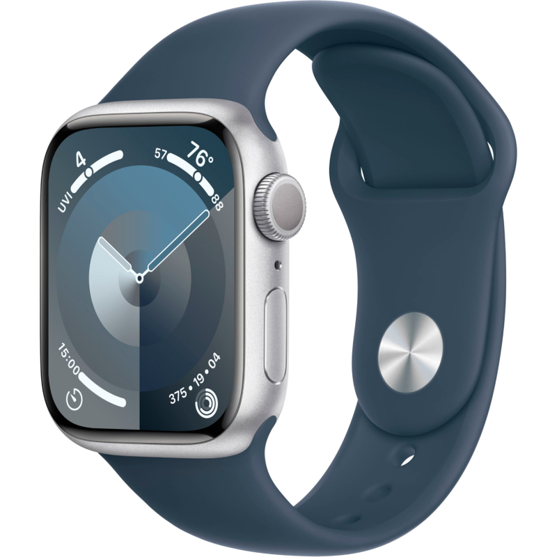 Apple Watch Series 9, 45 мм, корпус из алюминия серебристого цвета, спортивный ремешок цвета «грозов Apple Watch Series 9, 45 мм, корпус из алюминия серебристого цвета, спортивный ремешок цвета «грозов