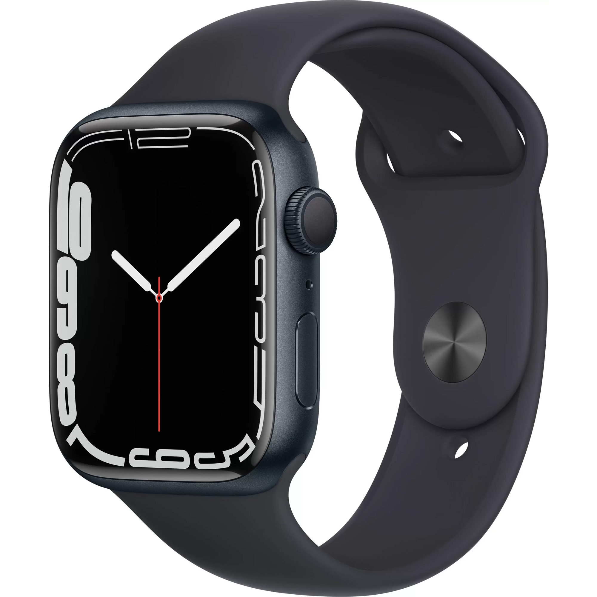 Apple Watch Series 7, 45 мм, корпус из алюминия цвета «тёмная ночь», спортивный ремешок «тёмная ночь