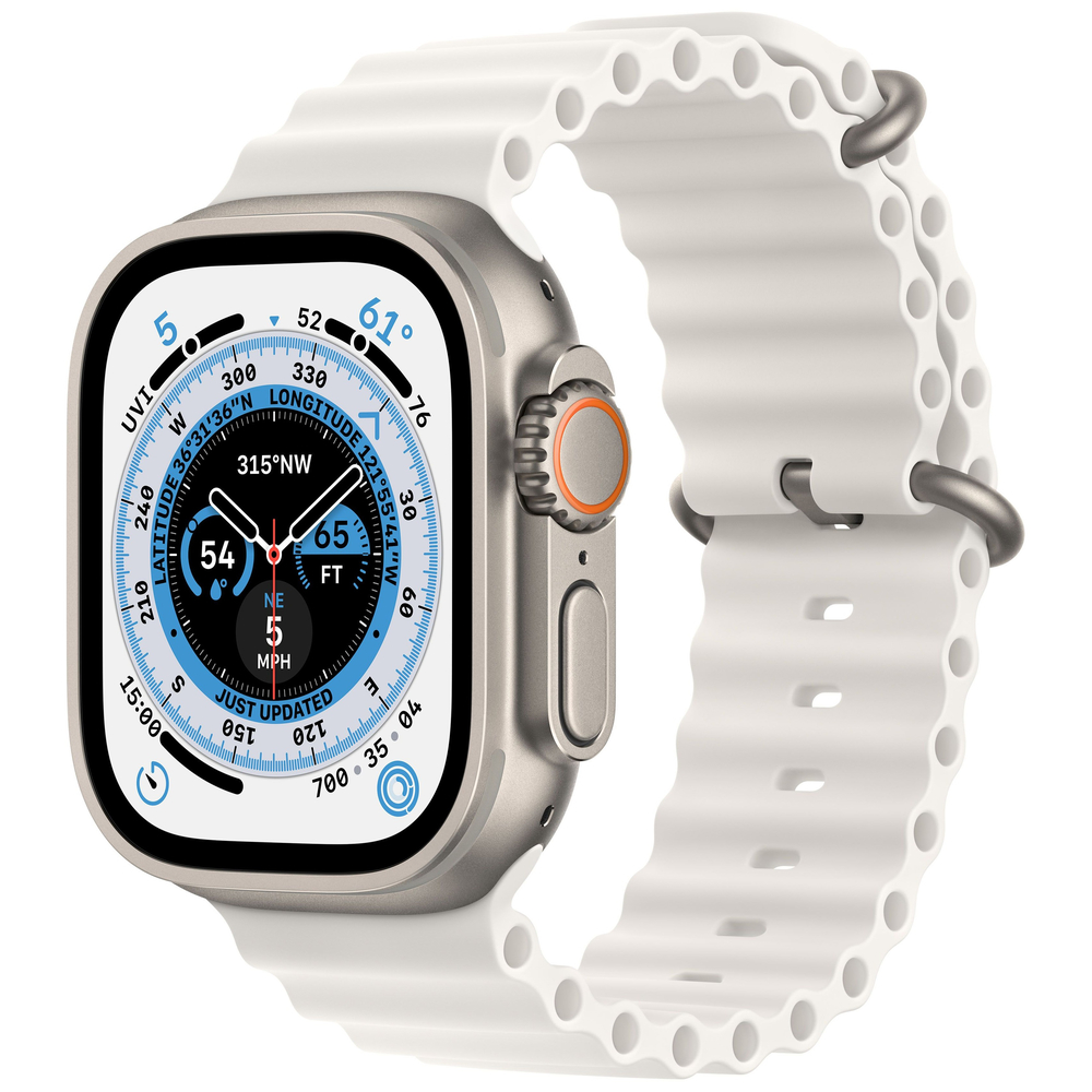 Apple Watch Ultra GPS + Cellular, 49 мм, корпус из титана, ремешок Ocean белого цвета Apple Watch Ultra GPS + Cellular, 49 мм, корпус из титана, ремешок Ocean белого цвета