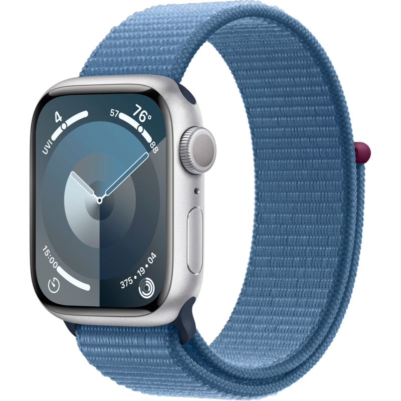 Apple Watch Series 9, 45 мм, корпус из алюминия серебристого цвета, спортивный ремешок цвета «ледяно Apple Watch Series 9, 45 мм, корпус из алюминия серебристого цвета, спортивный ремешок цвета «ледяно