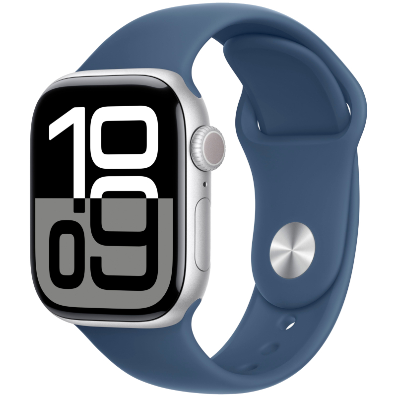 Apple Watch Series 10, 42 мм, корпус из алюминия цвета серебристый, спортивный ремешок Denim Sport B Apple Watch Series 10, 42 мм, корпус из алюминия цвета серебристый, спортивный ремешок Denim Sport B